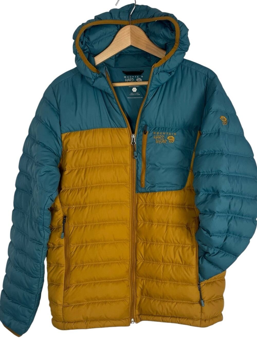 Mountain Hardware Dynotherm 650 Down Fill Puffer Jacket Men Small Hood Green Tan